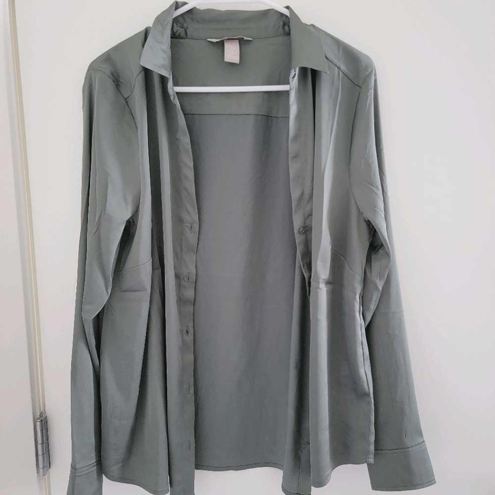 Silky Button Down Green Shirt Blouse